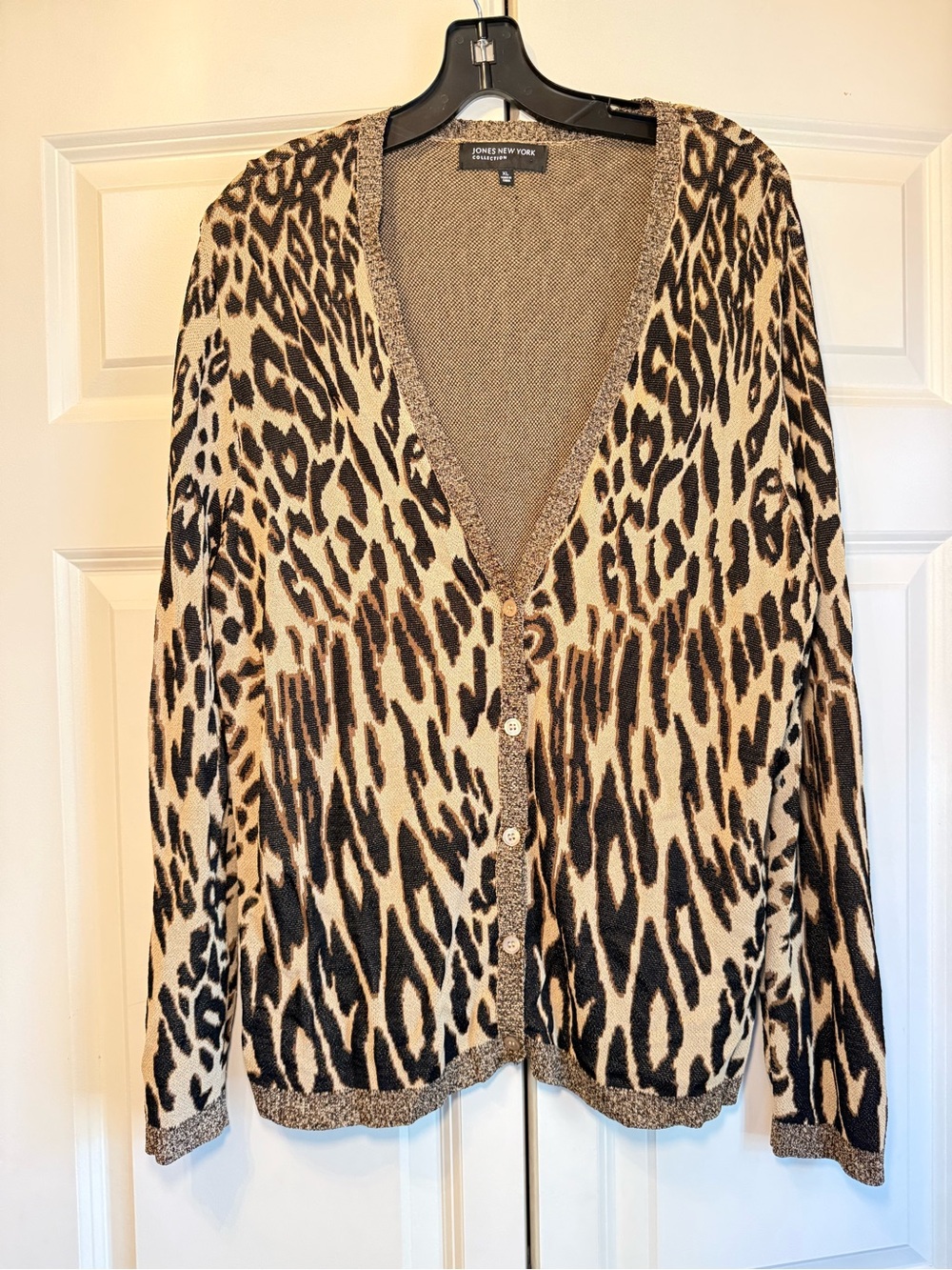 Jones New York Leopard-Print Knit Cardigan in Beige and Brown